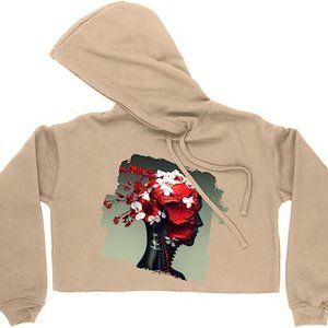 Floral Women's Cropped Fleece Hoodie - Head Cropped Hoodie for Women - Halloween
